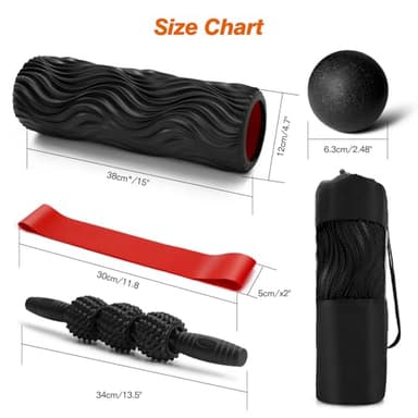 5 in 1 Foam Roller Set - Trigger Point Foam Back Roller, Muscle Roller Stick, Massage Ball, Stretching Band for Deep Muscle Massage Pilates Yoga,Fitness Exercise for Whole Body Release (Black) - Image 2