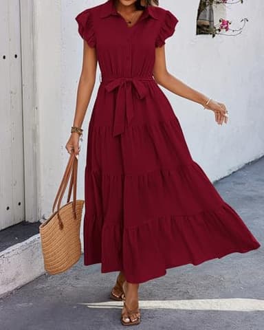 dowerme Women's Summer Casual Dresses 2025 Cap Ruffle Sleeve V Neck Button Belted Tiered Boho Maxi Dress with Pockets(Wine Red,X-Large) - Image 6