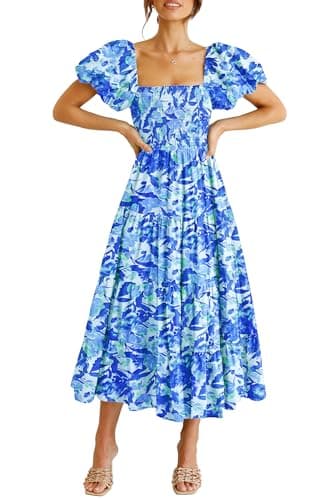 PRETTYGARDEN Women's Casual Summer Midi Dress Puffy Short Sleeve Square Neck Smocked Tiered Ruffle Dresses (Floral Blue,Medium) - Image 1