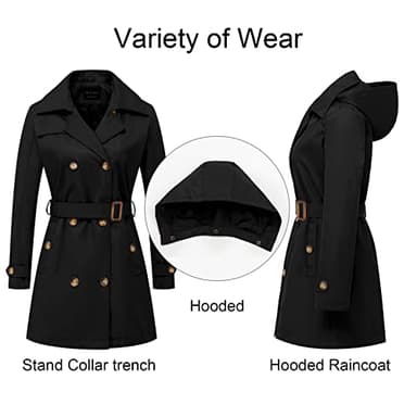 CREATMO US Women's Dress Coats Double-Breasted Trench Coat with Belt Black M - Image 3
