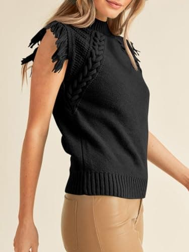Saodimallsu Womens Mock Neck Sleeveless Sweater Vest Cable Knit Fringe Cap Sleeve Boho Trendy Pullover Tank Tops Black - Image 3
