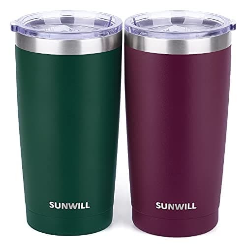 SUNWILL Travel Coffee Mug with Lid, 20 oz Tumbler Set of 2, Insulated Stainless Steel Cup for Drinks， Water, Tea, Powder Coated Forest Green & Plum - Image 1