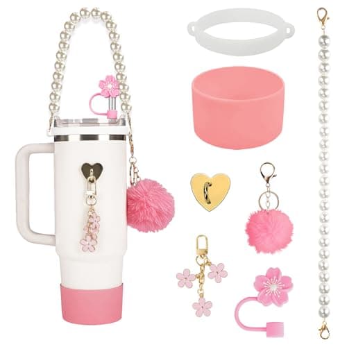 Brohood Compatible with Stanley Cup Accessories, Cup Accessories for Stanley with Tumbler Straw Cover, Pearl Water Bottle Handle Strap, Boot, Keychain Charms for Stanley 30/40 oz Decorations (Pink) - Image 1