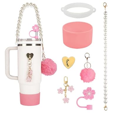 Brohood Compatible with Stanley Cup Accessories, Cup Accessories for Stanley with Tumbler Straw Cover, Pearl Water Bottle Handle Strap, Boot, Keychain Charms for Stanley 30/40 oz Decorations (Pink) - Image 1