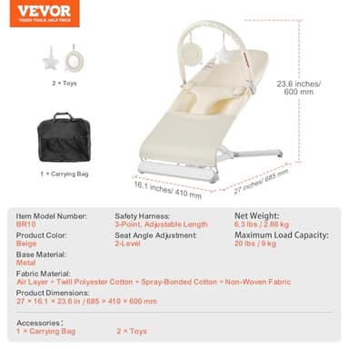 VEVOR Baby Bouncer, Folding Bouncer Seat for Babies 0-9 Months, Baby Bouncer with 2 Reclining Angles & Rotatable Toy Bar, Portable Baby Bouncers Seat with Carrying Bag for Indoors Outdoors, Beige - Image 7
