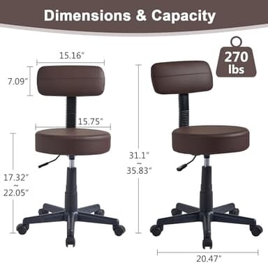 VECELO Armless Chair Rolling Stool with Backrest for Garage Shop Workbench Salon, Massage, Tattoo and Kitchen, with Wheels, Height Adjustable, Swivel, Coffee Brown - Image 3