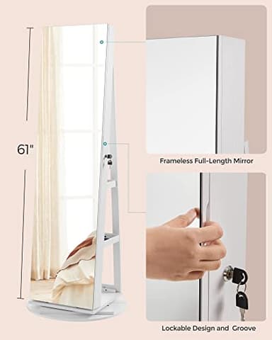 SONGMICS 6 LEDs Lockable Mirror Jewelry Cabinet, 360° Swivel Jewelry Organizer Armoire Standing, Frameless Full-Length Mirror, 3 Storage Shelves, White Surface, Black Lining UJJC007W01 - Image 8