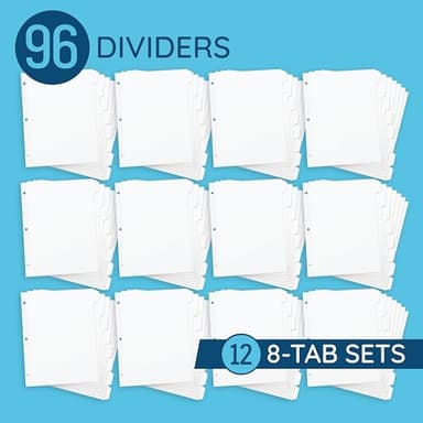 Blue Summit 3 Ring Binder Dividers with Tabs, Reinforced Edge, 1/8 Cut, Letter Size, 8 Tab Dividers for 3 Ring Binder Bulk, White, 12 Sets, 96 Pack - Image 3