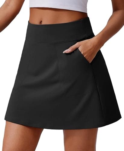 PINSPARK Golf Skorts for Woman Lightweight Tennis Skort Skirt High Waisted Athletic Skirts with Pockets UV Protection Sports Skort, Black Medium - Image 1
