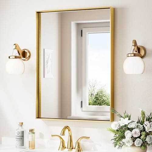 Keonjinn Brushed Shiny Gold Bathroom Mirror 22 x 30 Inch, Rectangle Gold Vanity Mirror for Wall, Aluminum Alloy Metal Framed, Modern Farmhouse, Square Corner, Brass Mirrors for Over Sink - Image 1