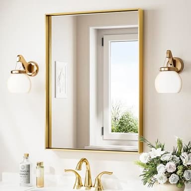Keonjinn Brushed Shiny Gold Bathroom Mirror 22 x 30 Inch, Rectangle Gold Vanity Mirror for Wall, Aluminum Alloy Metal Framed, Modern Farmhouse, Square Corner, Brass Mirrors for Over Sink - Image 1