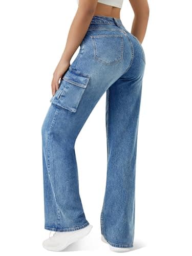 Women High Waisted Cargo Jean for Women with 6 Pockets Straight Wide Leg Jean Casual Baggy Pants Blue - Image 2