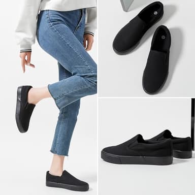 Women's Canvas Slip On Shoes Fashion Sneakers Flats Shoes White Canvas Shoes(Full Black.US8) - Image 5