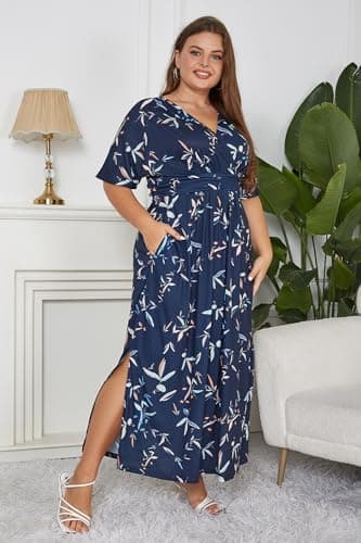 Keluummi Plus Size Wedding Guest Maxi Dresses for Curvy Women, Summer Formal Floral V Neck 3/4 Sleeve A Line Long Party Dress(22 Plus, 02 - Navy Blue Floral) - Image 3