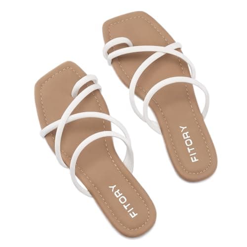 FITORY Women's Slide Sandals Flat Toe Ring Thongs with Cross Strap for Summer Size 9 White - Image 1