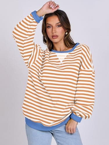 ANRABESS Women Striped Sweatshirts Oversized Crewneck Long Sleeve Shirts Y2K Pullover Top 2025 Fall Outfits Fashion Clothes Yellow White Large - Image 4