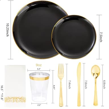 Supernal 350pcs Black & Gold Plastic Dinnerware Set, Elegant Black Plates with Golden Edges, Gold Plastic Silverware, Durable Tableware Perfect for Birthdays, Parties, Wedding, Celebration - Image 2