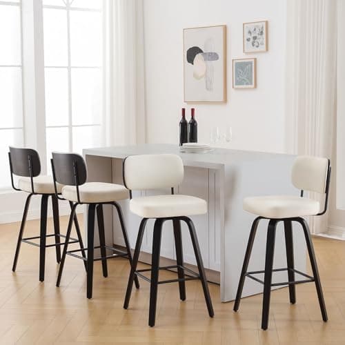 Bekrvio Swivel Counter Height Bar Stools Set of 4, Upholstered Faux Leather Barstools with Back, 26" Seat Height Bar Chairs Island Stools for Kitchen Counter, Black Wood Frame, Cream White - Image 1