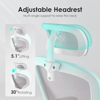 Farini Ergonomic Office Chair, Home Office Desk Chair with Headrest, High Back Computer Chair with Armrests and Adjustable Lumbar Support for Home Office Study Room, White & Gray - Image 4