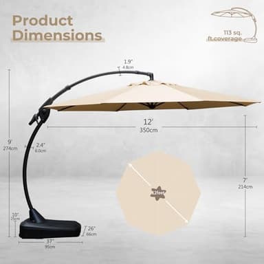 Grand patio 12 FT Sunbrella Cantilever Umbrella with Base Outdoor Aluminum Offset Umbrella Round Shade with Tilt Adjustment (Flax, 12 FT-SUNBRELLA - Image 4