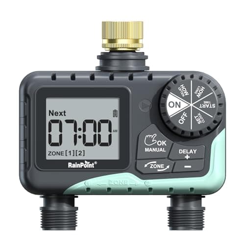 RAINPOINT Water Timer for Garden Hose - Sprinkler Timer with Brass Swivel - Rain Delay/Manual Watering/Automatic Irrigation Programmable Faucet for Yard, 2 Outlet - Image 1