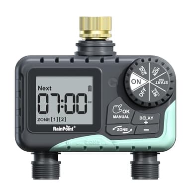 RAINPOINT Water Timer for Garden Hose - Sprinkler Timer with Brass Swivel - Rain Delay/Manual Watering/Automatic Irrigation Programmable Faucet for Yard, 2 Outlet - Image 1