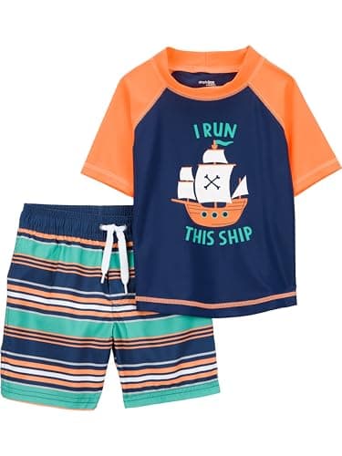 Simple Joys by Carter's Boys' Swimsuit Trunk and Rashguard Set, Navy Orange Ships/White Stripe, 3T - Image 1