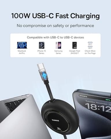 Baseus USB C to USB C Cable, 100W 6.6ft Retractable USB C Fast Charging Cable, 7-Stage Length Preset Retractable Charger Cord for iPhone 16 15 Pro Plus Pro Max, MacBook, iPad Pro, Samsung S24/S23 - Image 2