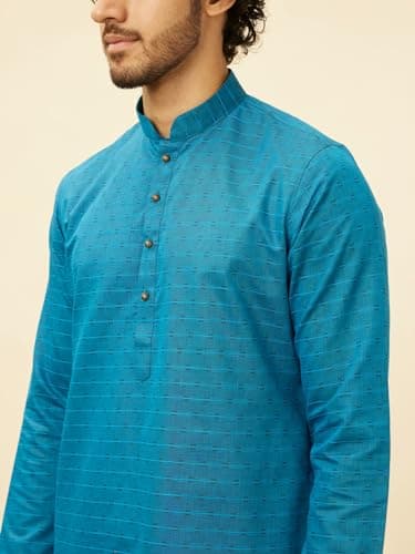 Manyavar Men Blended Cotton Self Design Kurta Pyjama Set XL Blue - Image 4