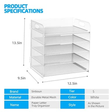 Letter Tray Paper Organizer 5-Tier Desk Organizer File Organizer Paper Holder with Handle, Metal Desktop Document Shelf Tray Office Classroom Organization - White - Image 2