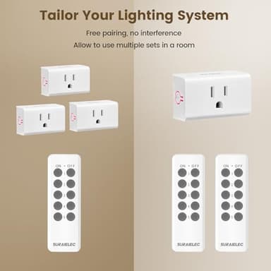 SURAIELEC Remote Control Outlet, Wireless Light Switch - 5 Outlets + 2 Remotes, 15 AMP, 100FT Range, No Interference, Remote Light Switch Kit for Lamp, Fan, Christmas Tree Light, Household Appliance - Image 6