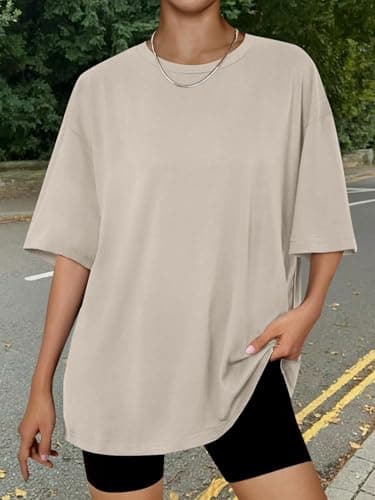Trendy Queen Womens Oversized Summer T Shirts Fashion Workout Plus Size Tops Short Sleeve Beach Vacation Gym Clothes 2025 Khaki XL - Image 6