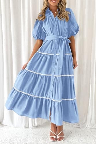 PRETTYGARDEN Women's Summer Button Down Shirt Dress Short Puffy Sleeve Tiered Ruffle Flowy Long Maxi Dresses (Light Blue,Medium) - Image 5