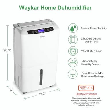 Waykar 2000 Sq. Ft Dehumidifier for Home and Basements, with Auto or Manual Drainage, 0.66 Gallon Water Tank Capacity - Image 3