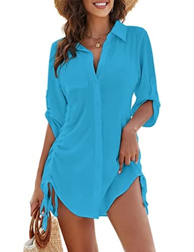 Blooming Jelly Womens Bathing Suit Cover Ups Bikini Swimsuit Coverup Drawstring Button Down Beach Dress Shirt(XX-L, Peacock Blue) - Image 1