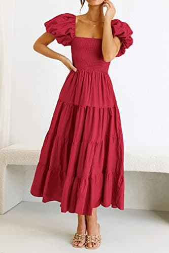 PRETTYGARDEN Women's Casual Summer Midi Dress Puffy Short Sleeve Square Neck Smocked Tiered Ruffle Dresses (Red,Medium) - Image 3