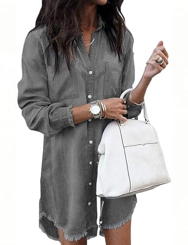 Zilcremo Women Denim Shirt Dresses Long Sleeve Distressed Jean Dress Button Down Casual Tunic Top Grey S - Image 1