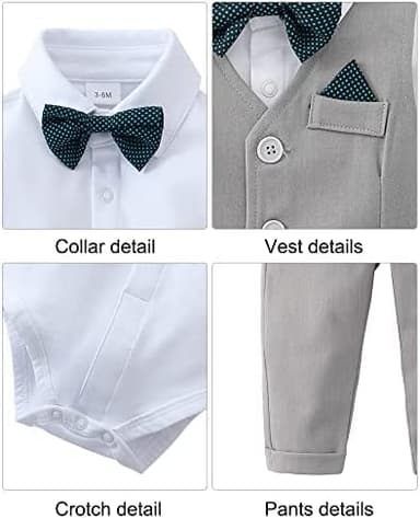 DISAUR Baby Boy Clothes Toddler Boy Outfits, 4PC Gentleman Short Sleeves Romper + Vest + Pants + Bow Tie Cotton Suit Set (Gray, 12-18 months) - Image 4
