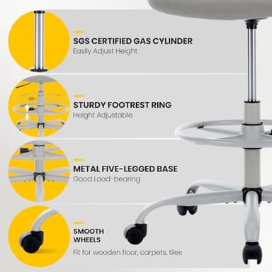 Sweetcrispy Tall Drafting Desk Chair - Ergonomic High Stool Computer with Adjustable Height and Comfy Lumbar Support, Office Rolling Counter with Flip-up Arm and Footrest, Light Grey - Image 6