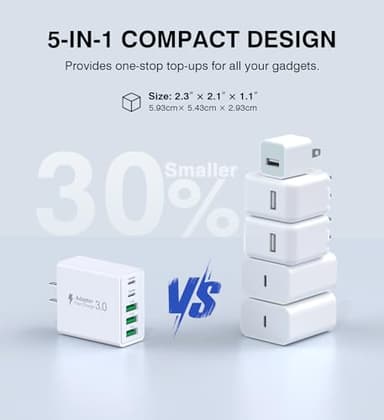 [2-Pack] USB C Wall Charger, 50W 5-Port PD Fast USB C Charging Block,2USB C+3USB A Multiport Plug,Type C Power Adapter Brick Cube for iPhone 16/15/14/13/12/Pro Max/XS,iPad,for Switch,Samsung,Ultra 2 - Image 5