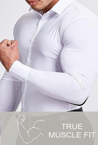 EOUOSS Men’s Muscle Fit Dress Shirts Athletic Slim Fit Long Sleeve Stretch Wrinkle-Free Casual Button Down Shirt White X-Small - Image 3