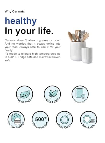 LE TAUCI Utensil Holder, 7.3"+5.4" Ceramic Kitchen Utensil Holder for Countertop, Large Cooking Utensil Crocks for Kitchen Counter Decor, Morden Utensil Organizer for Spatula, Set of 2, White - Image 7