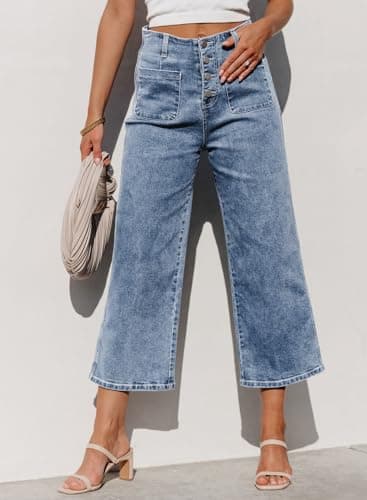 Sidefeel Women's Jeans High Waisted Wide Leg Stretchy Zimbaplatinum Straight Leg Jeans Buttoned Loose Denim Pants with Pocket Blue Size 16 - Image 6