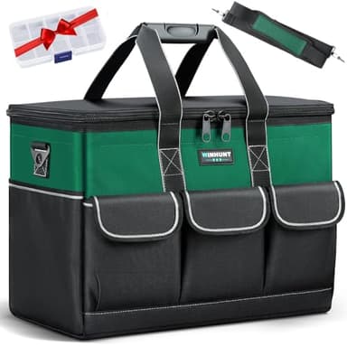 WINHUINT Large Tool Bag, 19-inch Wide Mouth Tool Organiser, 600 Denier with 6 Interior 8 Exterior Pockets Electricians Tool Bag for Home DIY & Equipment Storage, Green and Black (19 inch) - Image 1