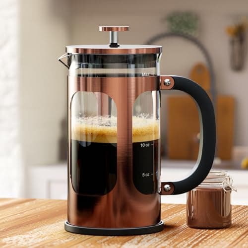 BAYKA 21 Ounce 0.6 Liter French Press Coffee Tea Maker Small, Heat Resistant Thickened Borosilicate Glass Stainless Steel Single Serve Brewer, Cold Brew Percolators, Cafetera Teapot, Copper - Image 1