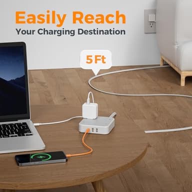 TESSAN Surge Protector Flat Extension Cord 5Ft, Flat Plug Power Strip with 4 Outlets 3 USB Ports (1 USB C), 900 Joules Protection, Multiple Wall Outlet Extender Suitable for Home Office Dorm, Grey - Image 5