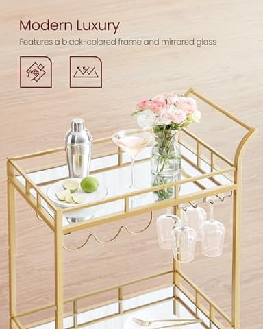 VASAGLE Bar Cart Gold, Home Bar Serving Cart, Wine Cart with 2 Mirrored Shelves, Wine Holders, Glass Holders, for Kitchen, Dining Room, Gold ULRC092A62 - Image 5