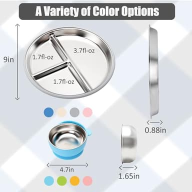 MISSLILI Stainless Steel Baby Plate and Bowls with Suction, Divided Kids Baby Plate and Toddler Bowl with Removable Silicone Suction, Non-Slip Baby Feeding Set Dishwasher Safe，4 Packs - Image 2