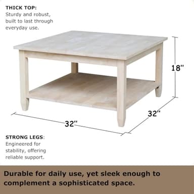 IC International Concepts, Solano Square Coffee Table, Solid Real Wood, Sturdy Parawood, Living Room/Family Room/Entryway, 32"W x 32"D x 18"H with Shelf, Paint/Stain Ready, Unfinished - Image 2