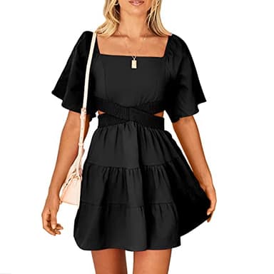Shy Velvet Women's Summer Dress Square Neck Short Sleeves Crossover Waist Casual Party Mini Dress Black - Image 1